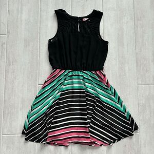 Candie's Lattice Dress Fit & Flare Black with Pink Teal Stripes Medium Mini 2010